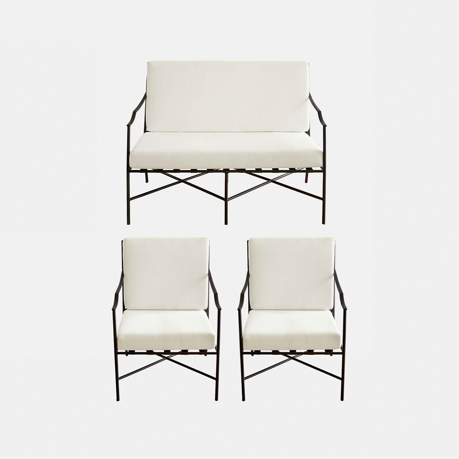 Tuinmeubelset met metalen frame en crèmekleurige kussens, modern ontwerp voor buiten