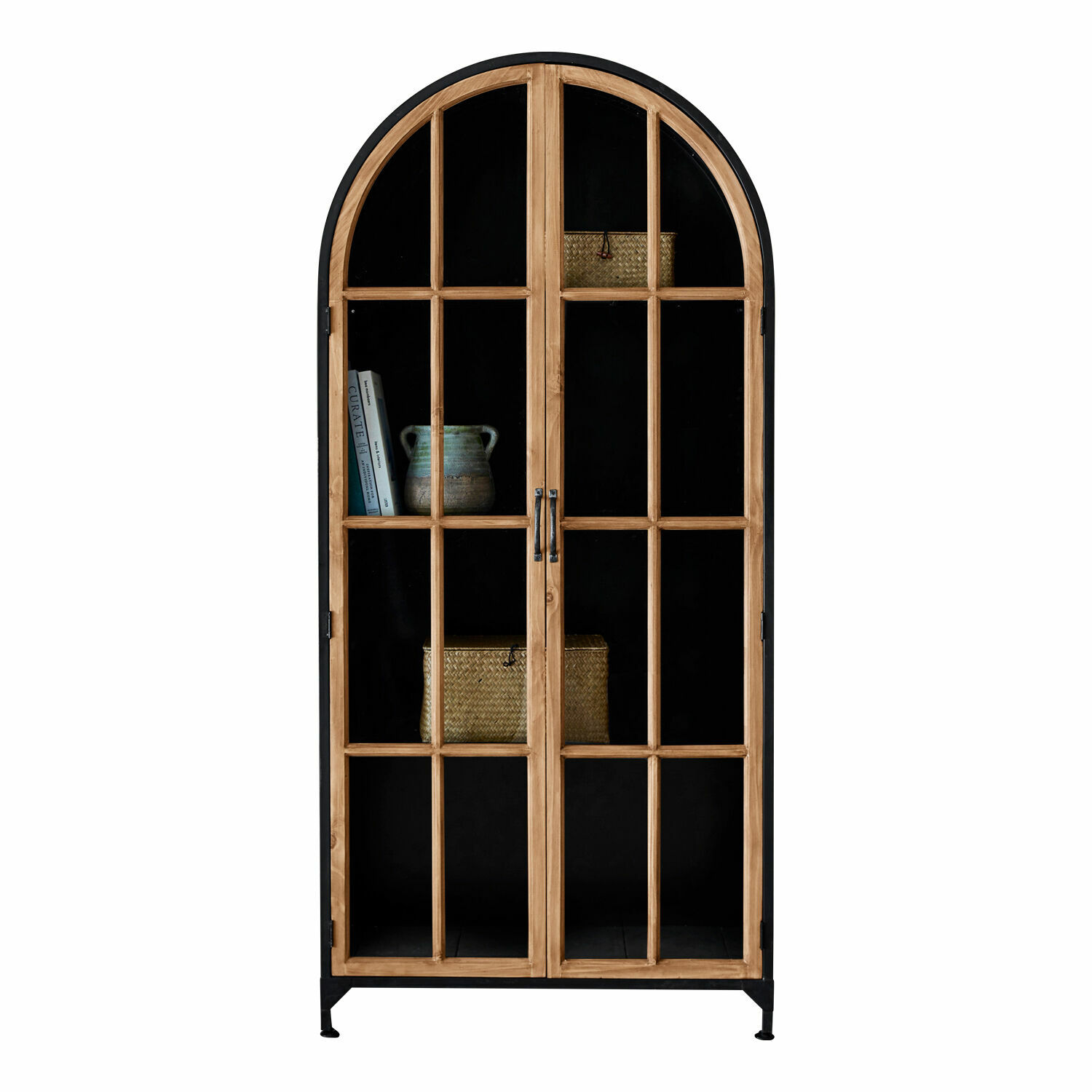 Buffetkast Mardilly Vitrinekast van natuurlijk hout en zwart metaal met glazen deuren en planken voor decoratieve opslag