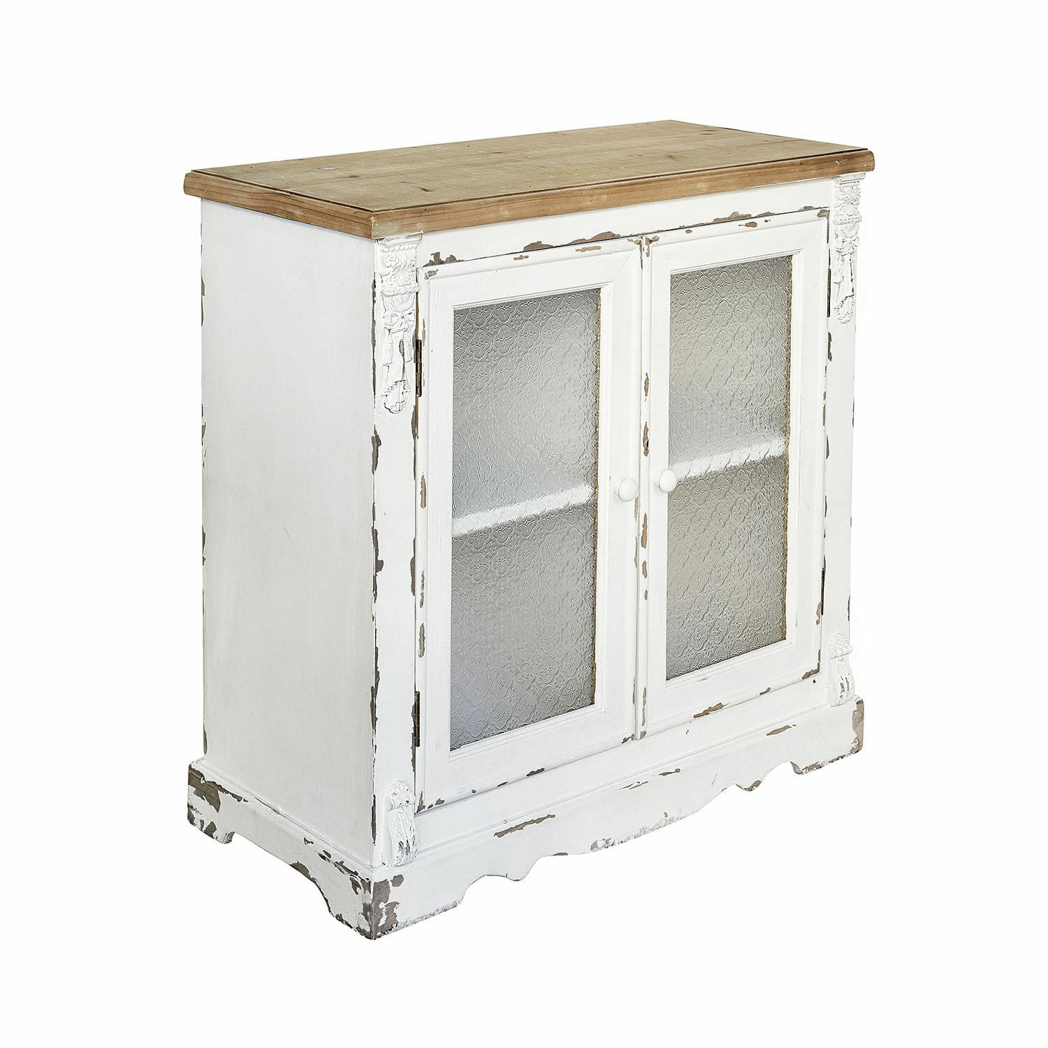 Kast South Yarmouth Witte houten kast met verweerde look en patroon glasdeuren, vintage meubelstuk