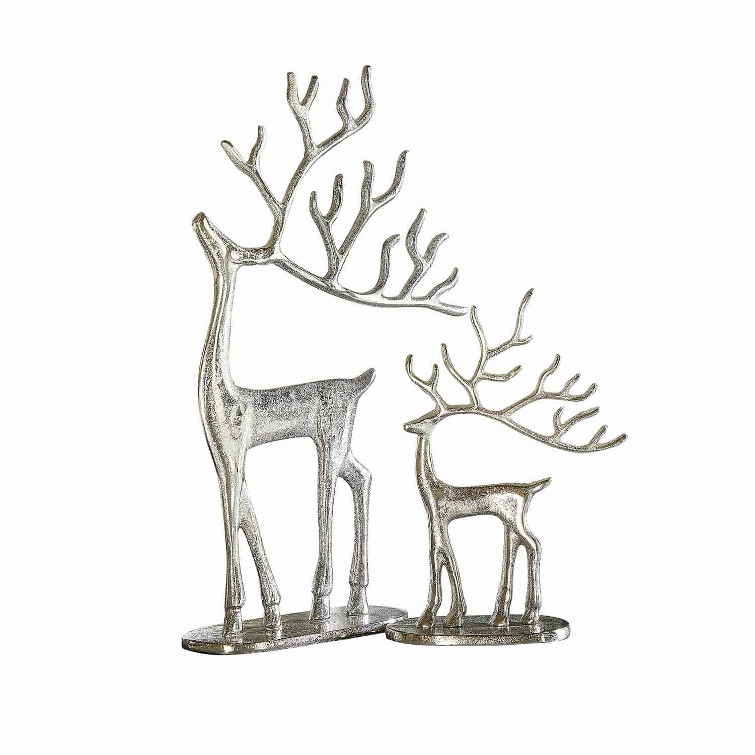 Decoratierendier set van 2 Zerlay Set van twee zilverkleurige metalen rendierdecoraties op voet, kerstversiering voor binnen