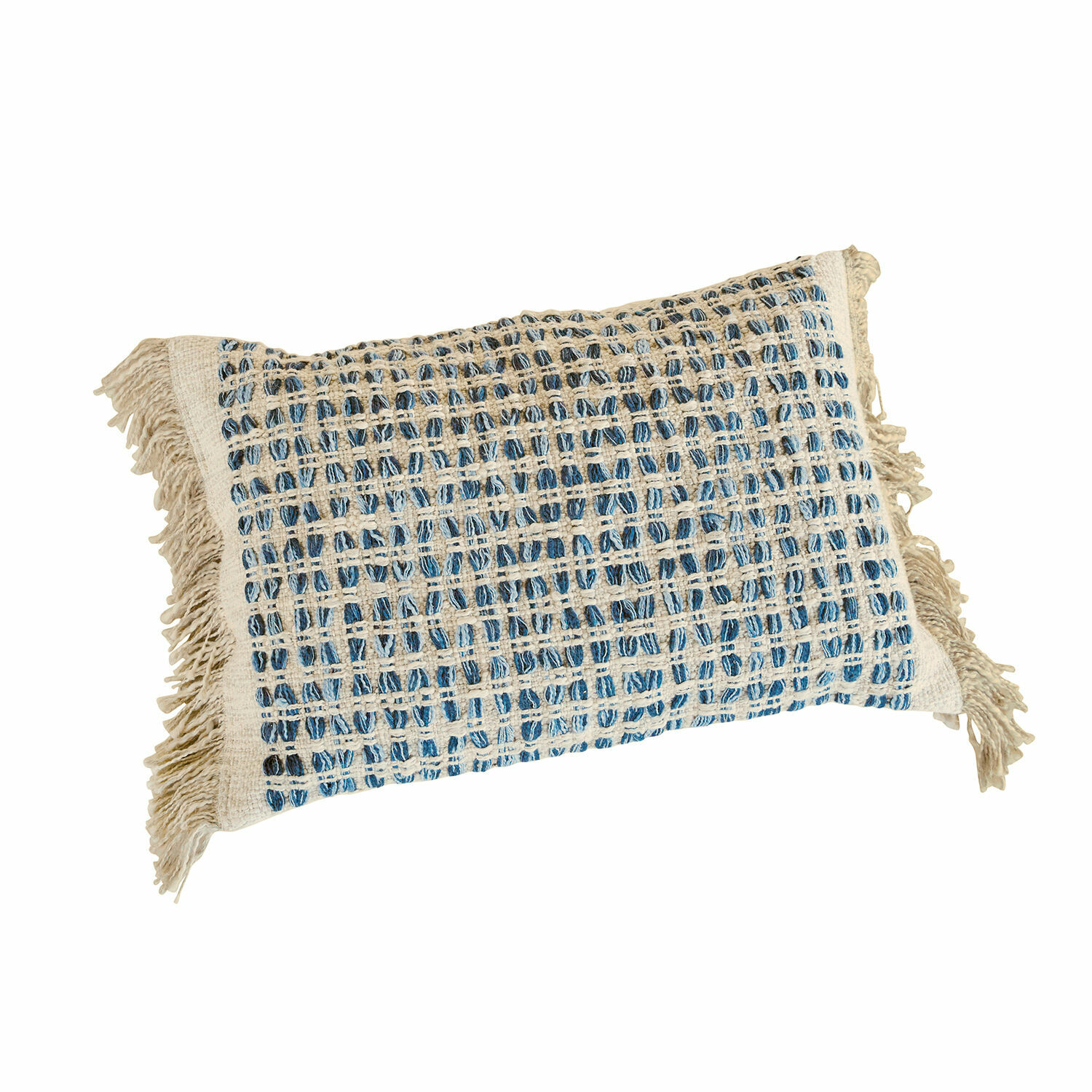 Kussenhoes Monrovie Rechthoekig decoratief kussen van katoen in beige-blauw ruitpatroon met franjes, boho stijl