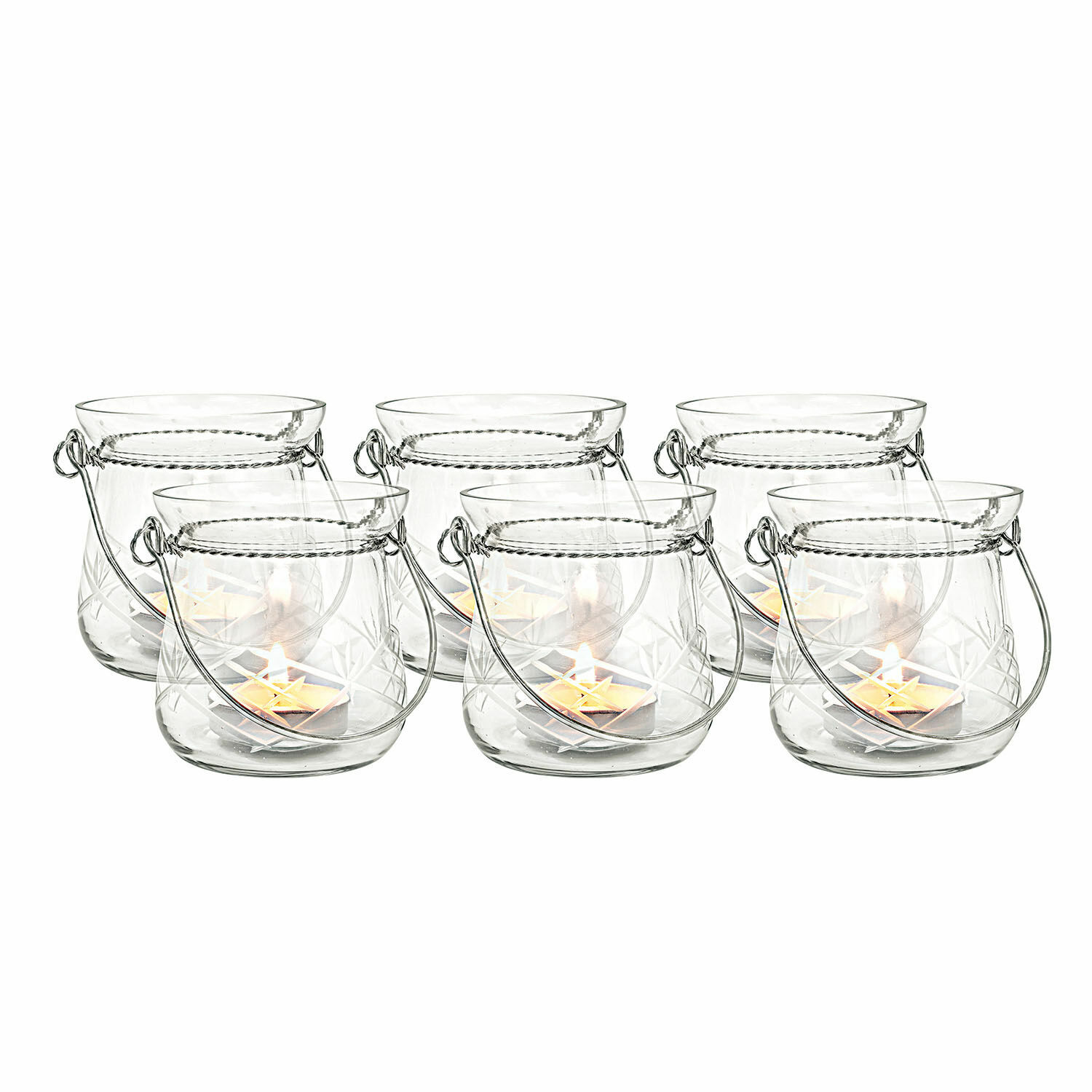 Windlicht set van 6 Mathilde Set van 6 transparante glazen lantaarns met handvatten en kaarsen voor interieurdecoratie
