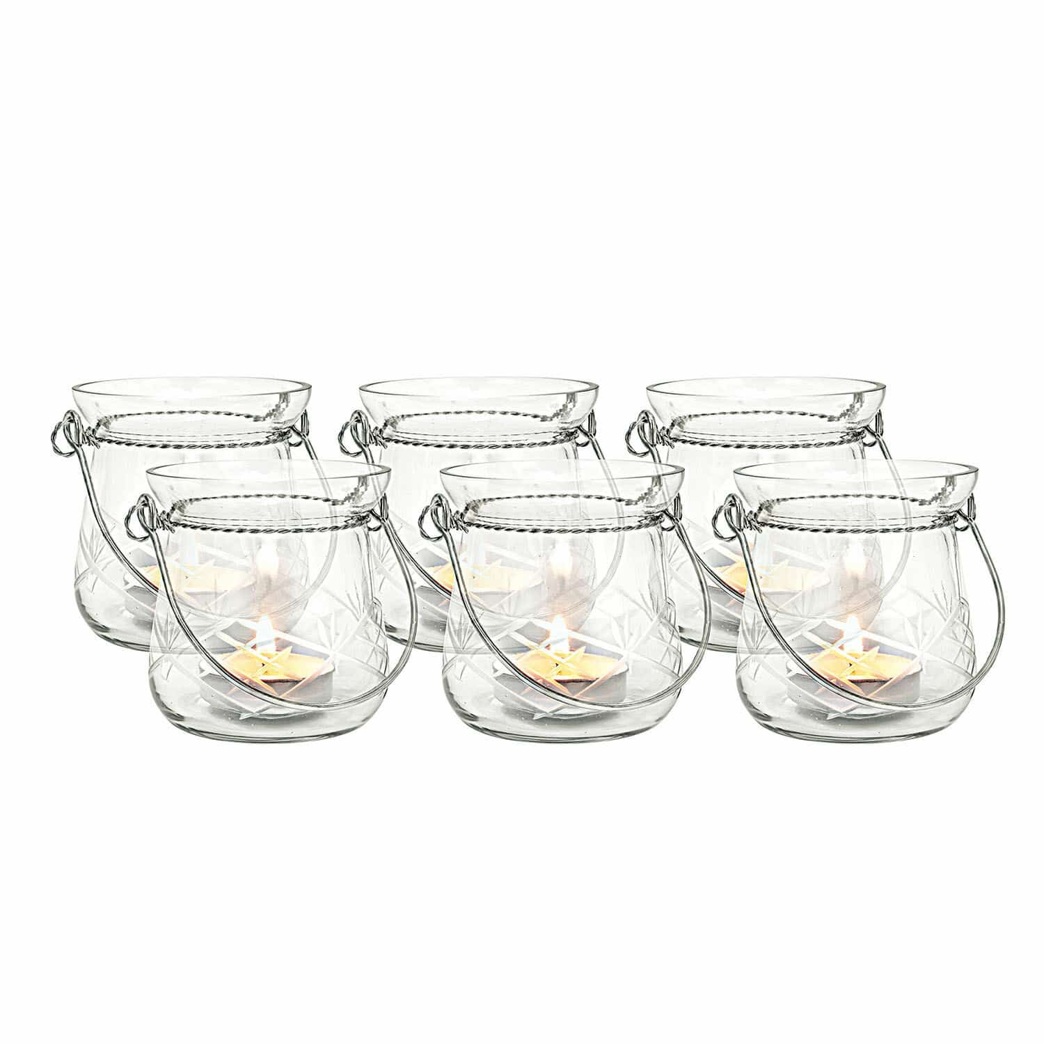 Windlicht set van 6 Mathilde Set van 6 transparante glazen lantaarns met handvatten en kaarsen voor interieurdecoratie