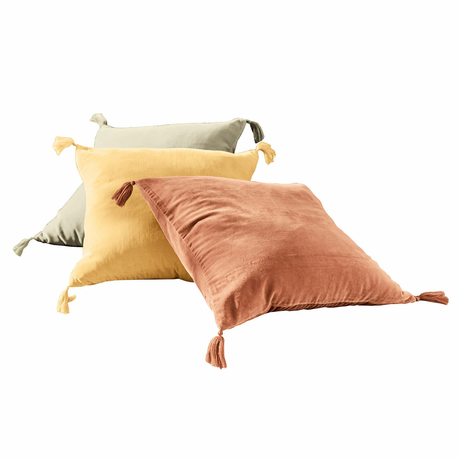 Kussenhoes set van 3 Bedir Set van drie decoratieve fluwelen kussens in beige, geel en terracotta met kwastjes aan de hoeken