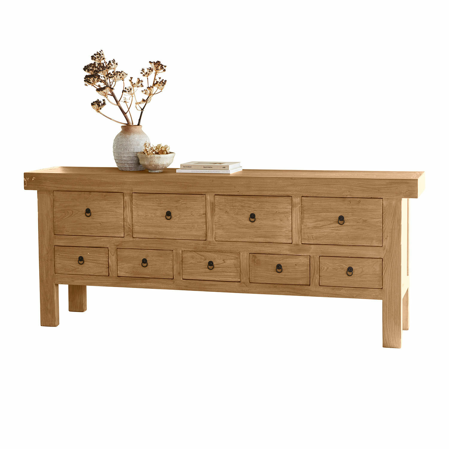 Dressoir Eldonbury Houten dressoir in natuurlijke kleur met tien lades en gedroogde bloemen als decoratie