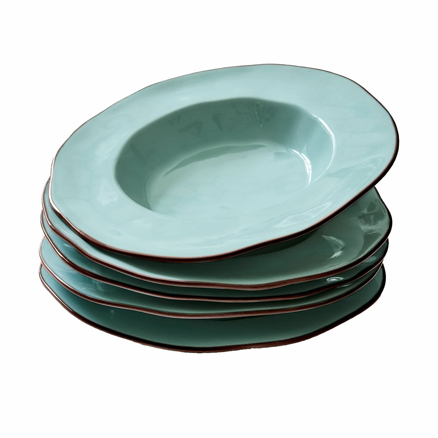 Soepbord set van 6 Biarré Set van vijf turquoise keramische diepe borden met bruine rand voor het serveren van soep