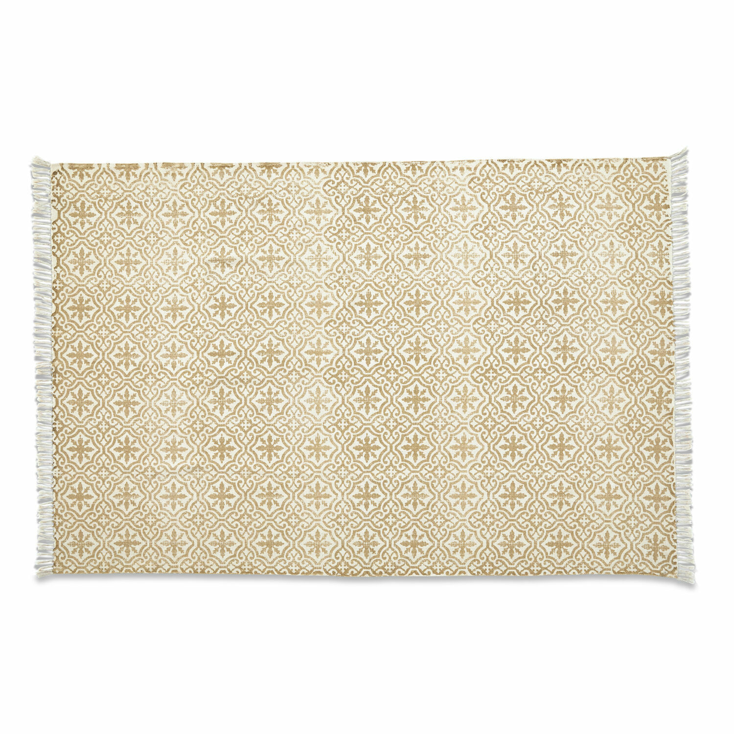 Beige katoenen Parochie vloerkleed met decoratief patroon en franjes, geschikt voor woonkamer