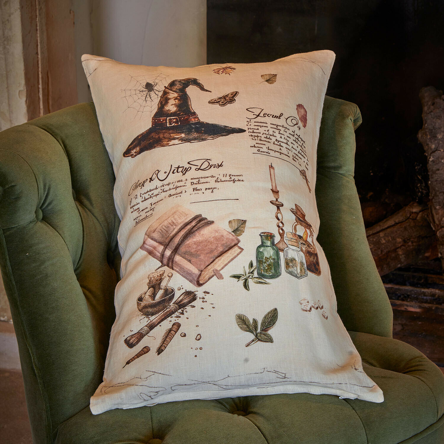 Kussenhoes Maerlinna Beige linnen kussen met print van zwarte hoed, boek en kruiden op groene stoel