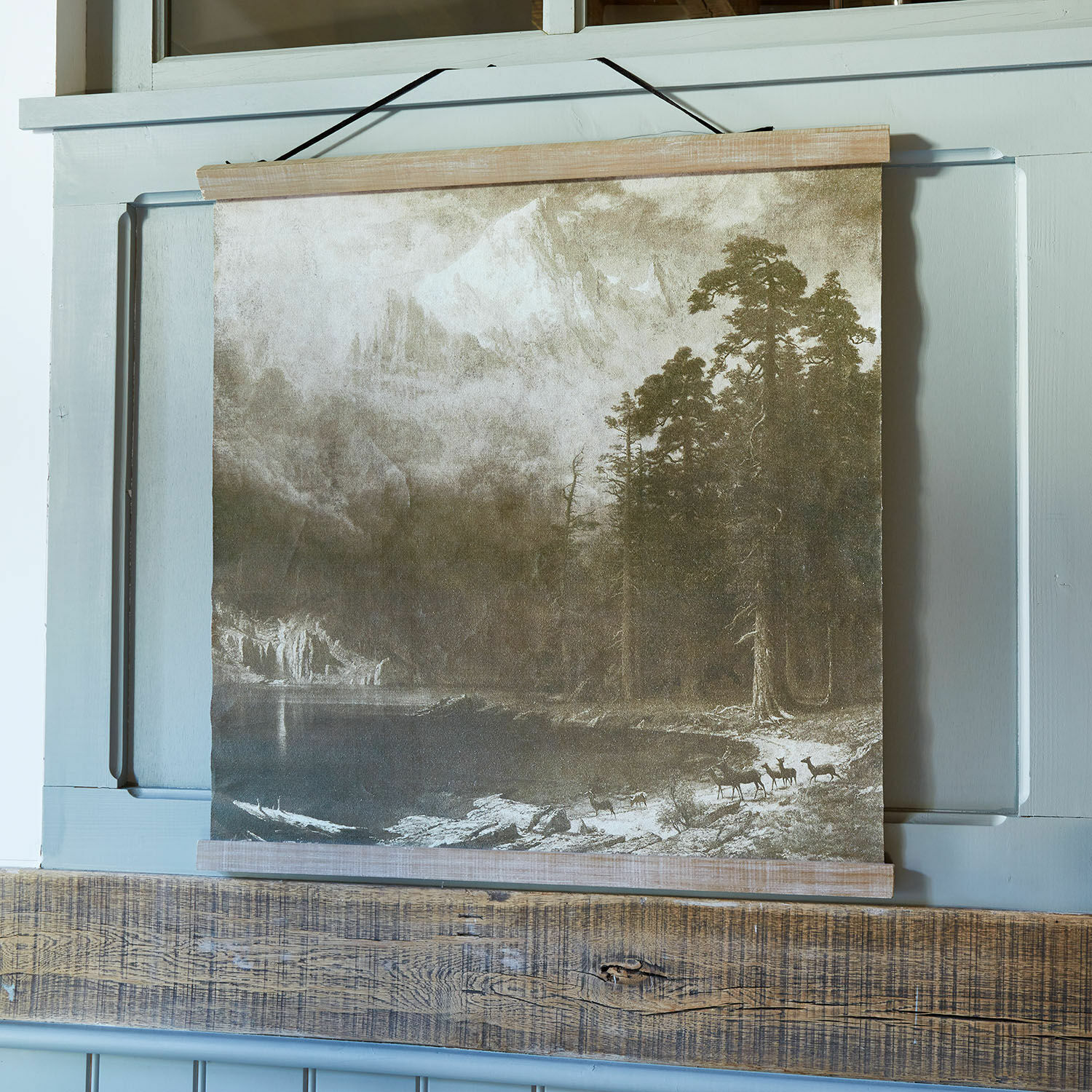 Decoratief canvasdoek met berglandschap en bos in bruine en beige tinten voor wanddecoratie