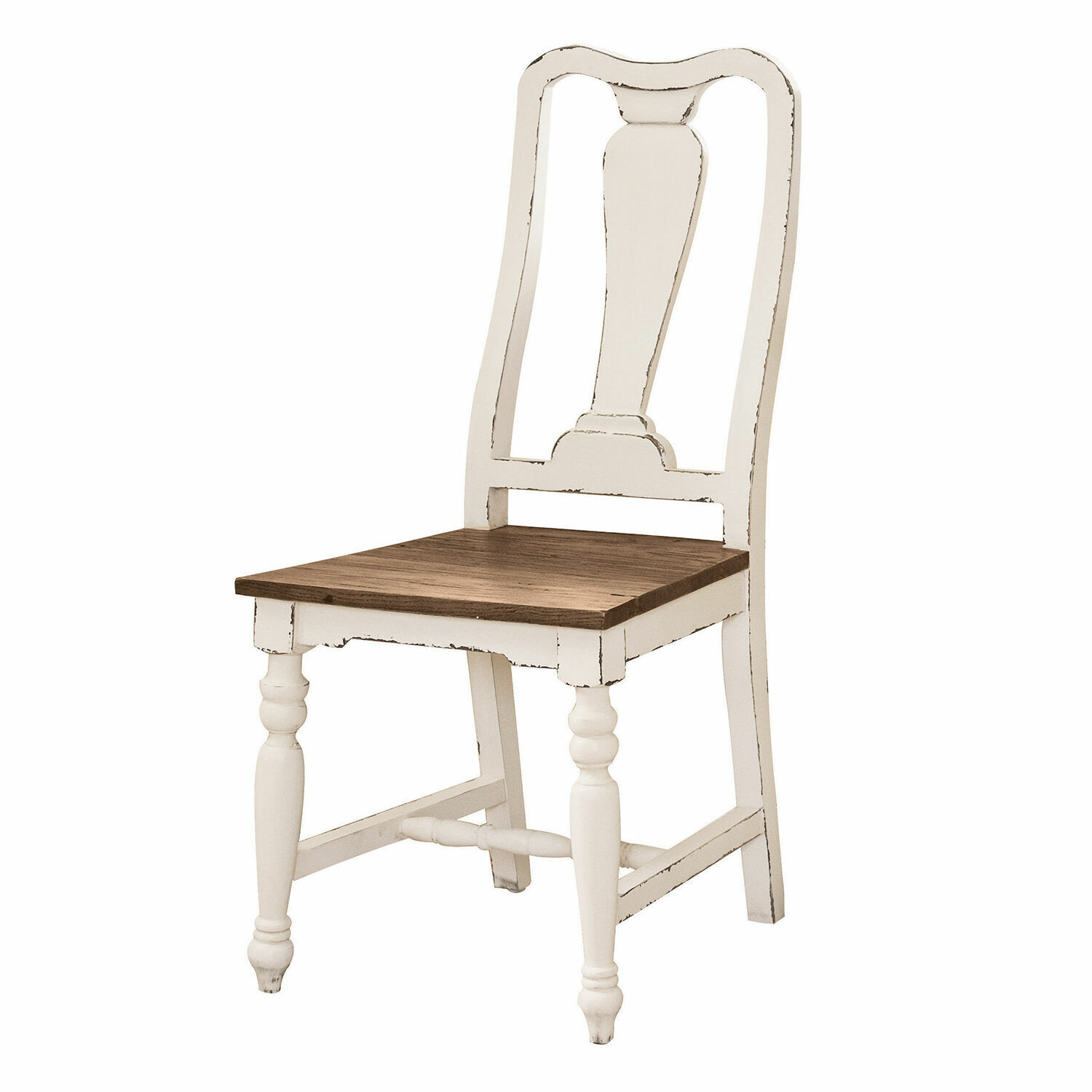 Vintage houten stoel met wit frame en bruin zitvlak, eetkamermeubel