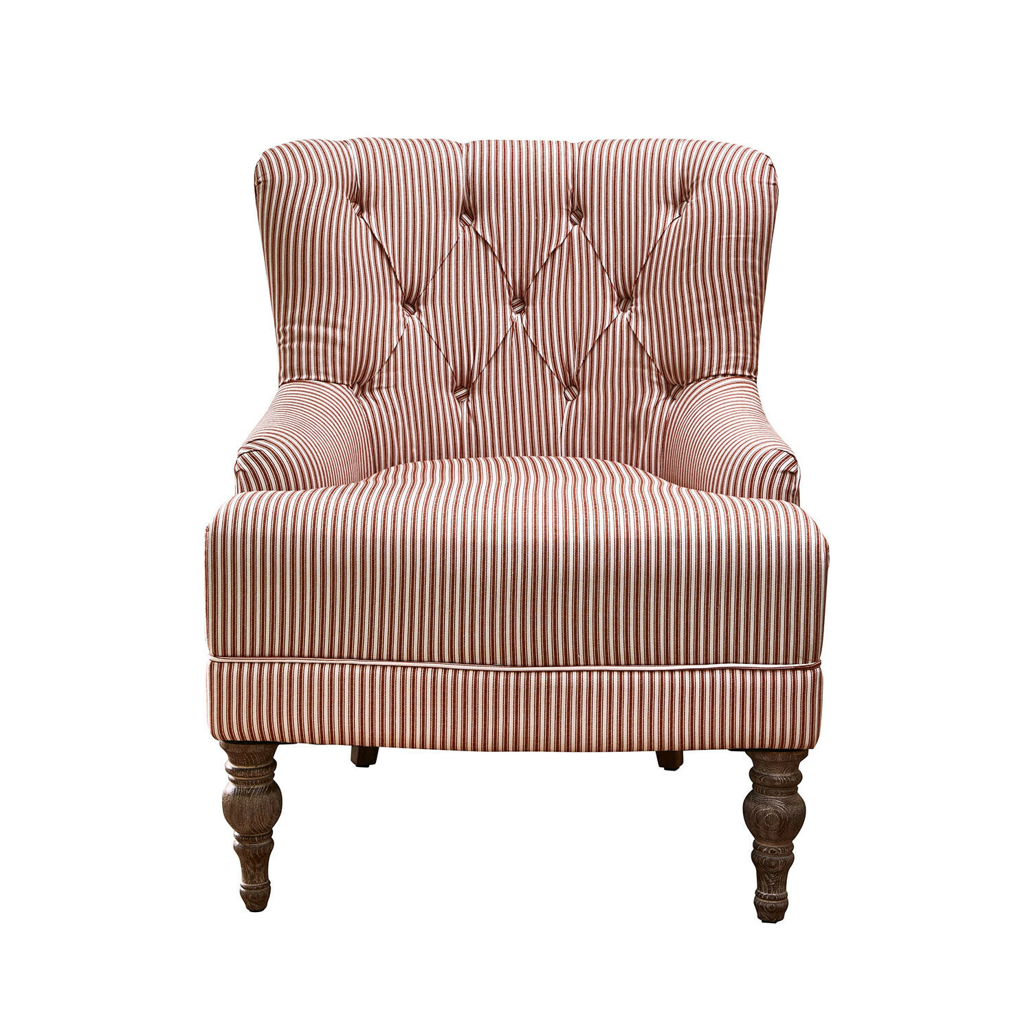 Fauteuil Amuran in rood-witte strepen met gestoffeerde rugleuning en houten poten, comfortabele zit