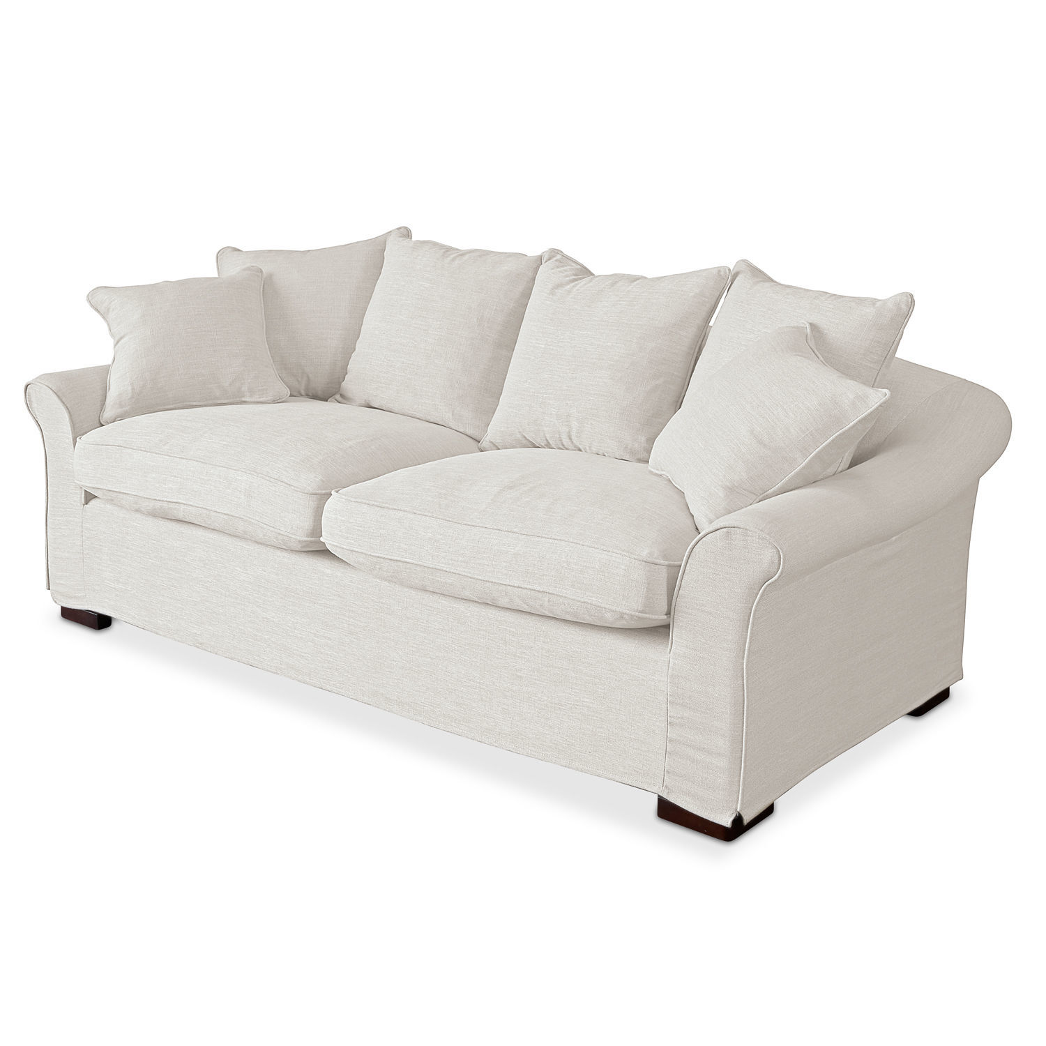 Bank Long Beach Beige stoffen bank met zachte kussens en donkere houten poten voor een gezellige woonkamer
