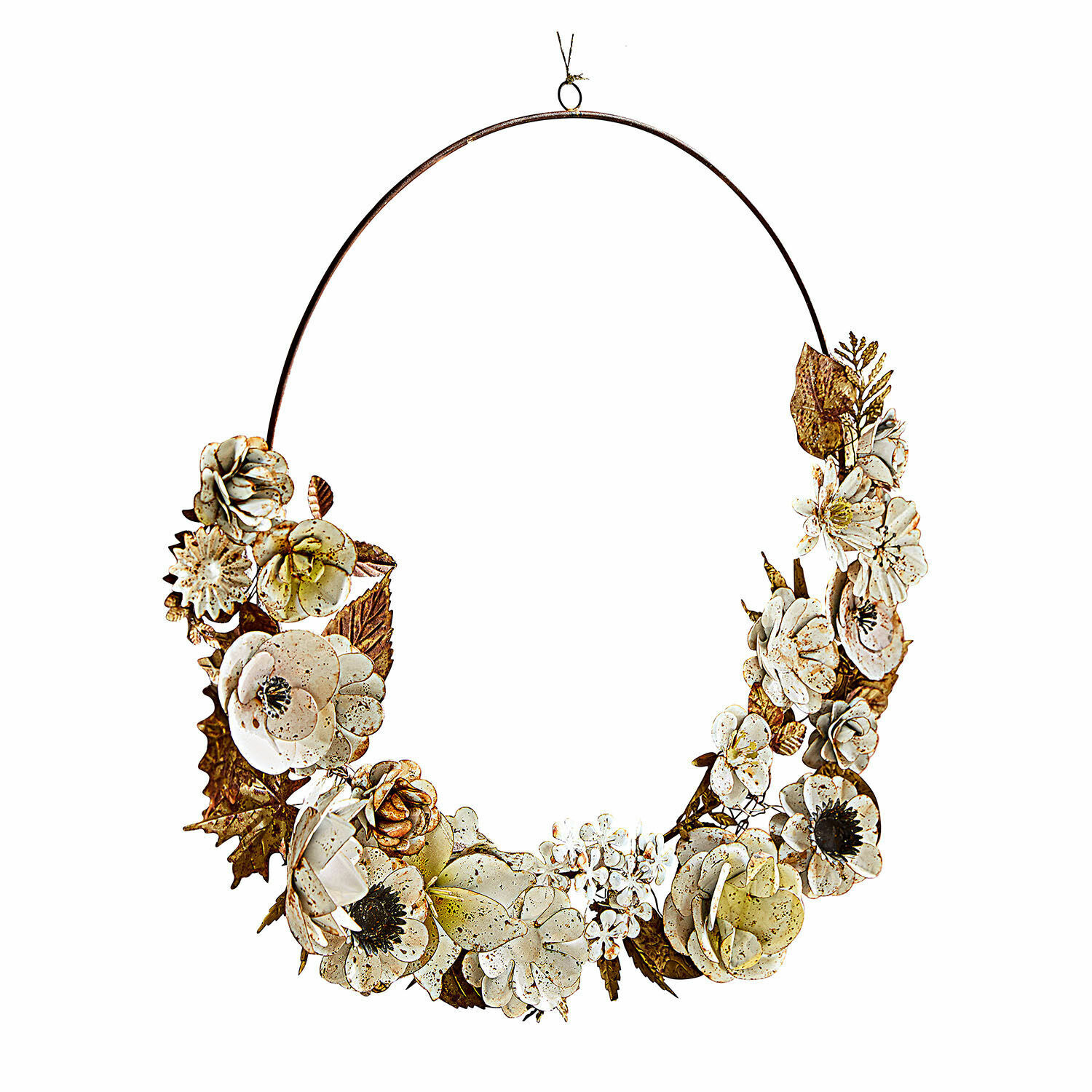 Krans Passanja Decoratieve metalen krans met crème- en bruine bloemen om op te hangen