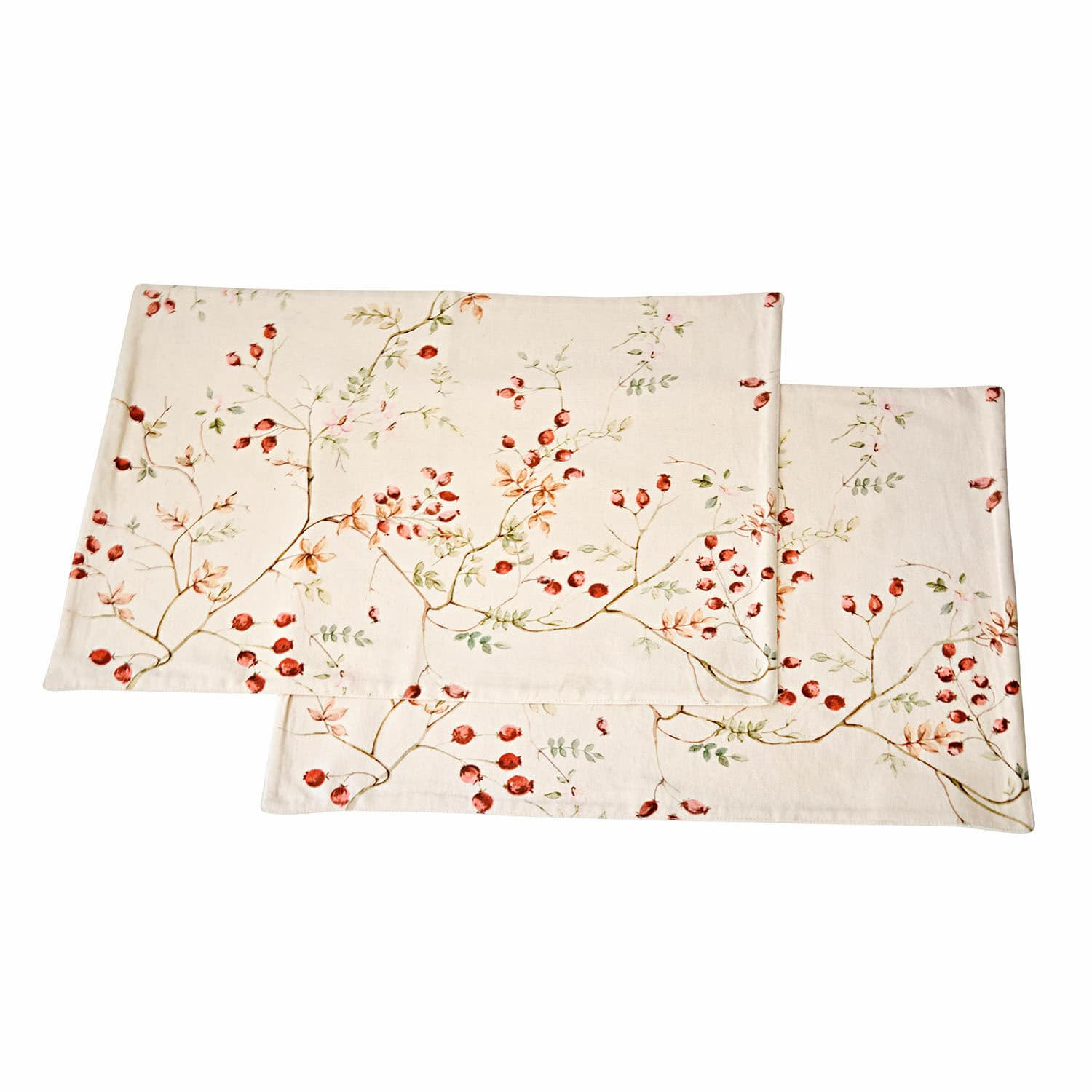 Placemat set van 2 Mauriac Linnen tafellopers in crèmekleur met rode fruitmotieven en groene bladeren voor tafeldecoratie