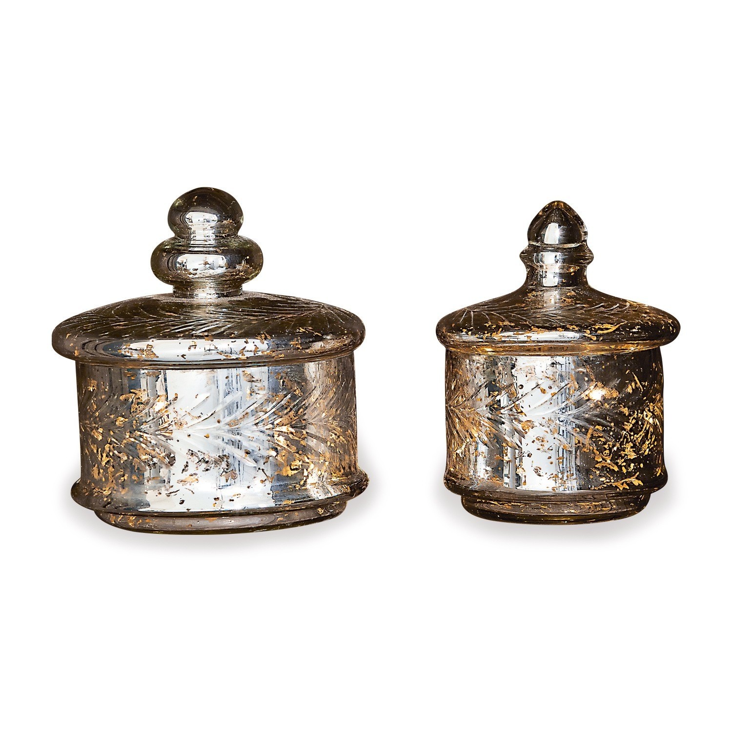 Glazen pot set van 2 Elexa Set van twee glazen potten met deksels, zilver-gouden versieringen, interieurdecoratie