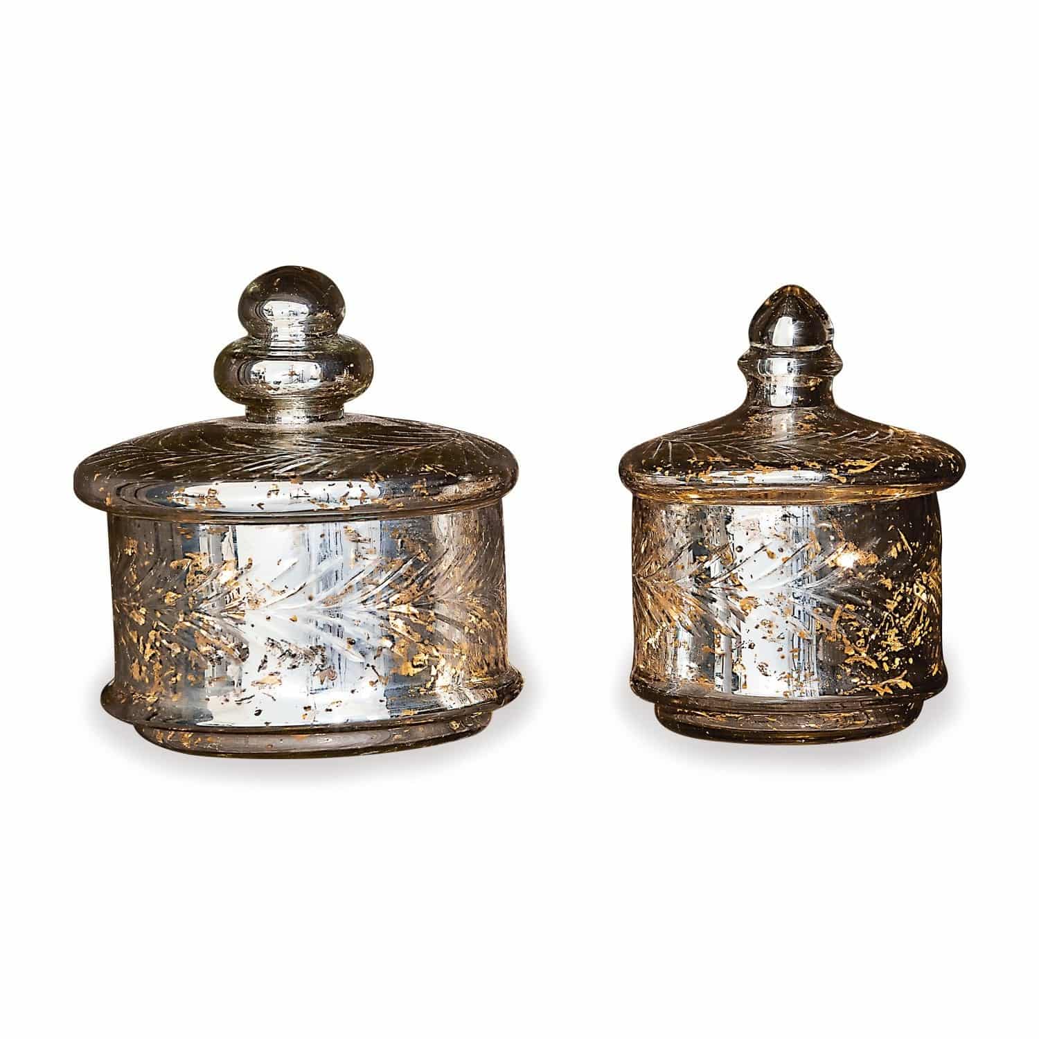 Glazen pot set van 2 Elexa Set van twee glazen potten met deksels, zilver-gouden versieringen, interieurdecoratie