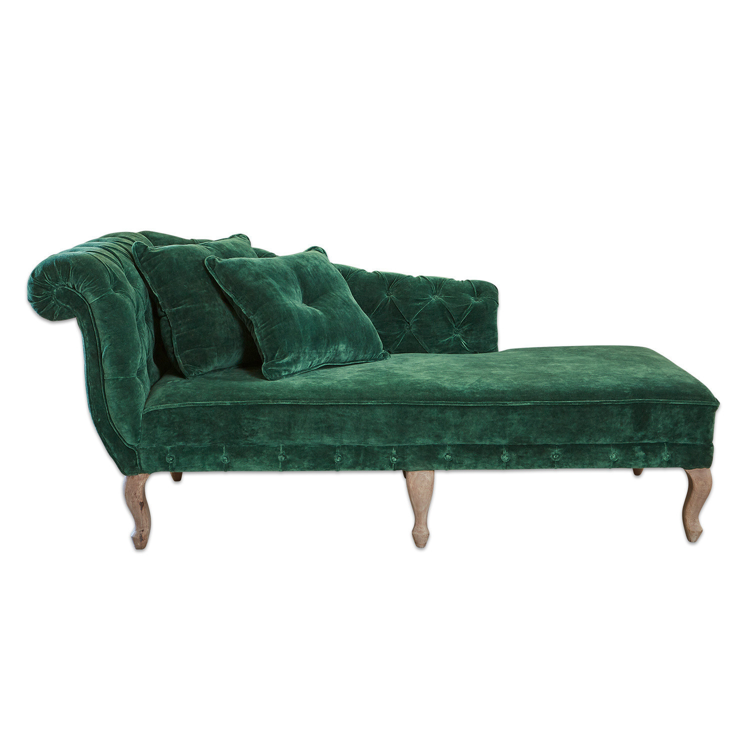Donkergroene fluwelen Viviani chaise longue met houten poten, elegante bank voor woonkamer