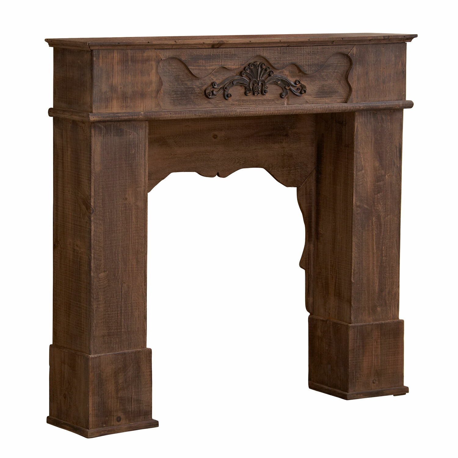 Haardschouw Margaux Rustieke donkerbruine houten schoorsteenmantel met decoratief houtsnijwerk in vintage stijl
