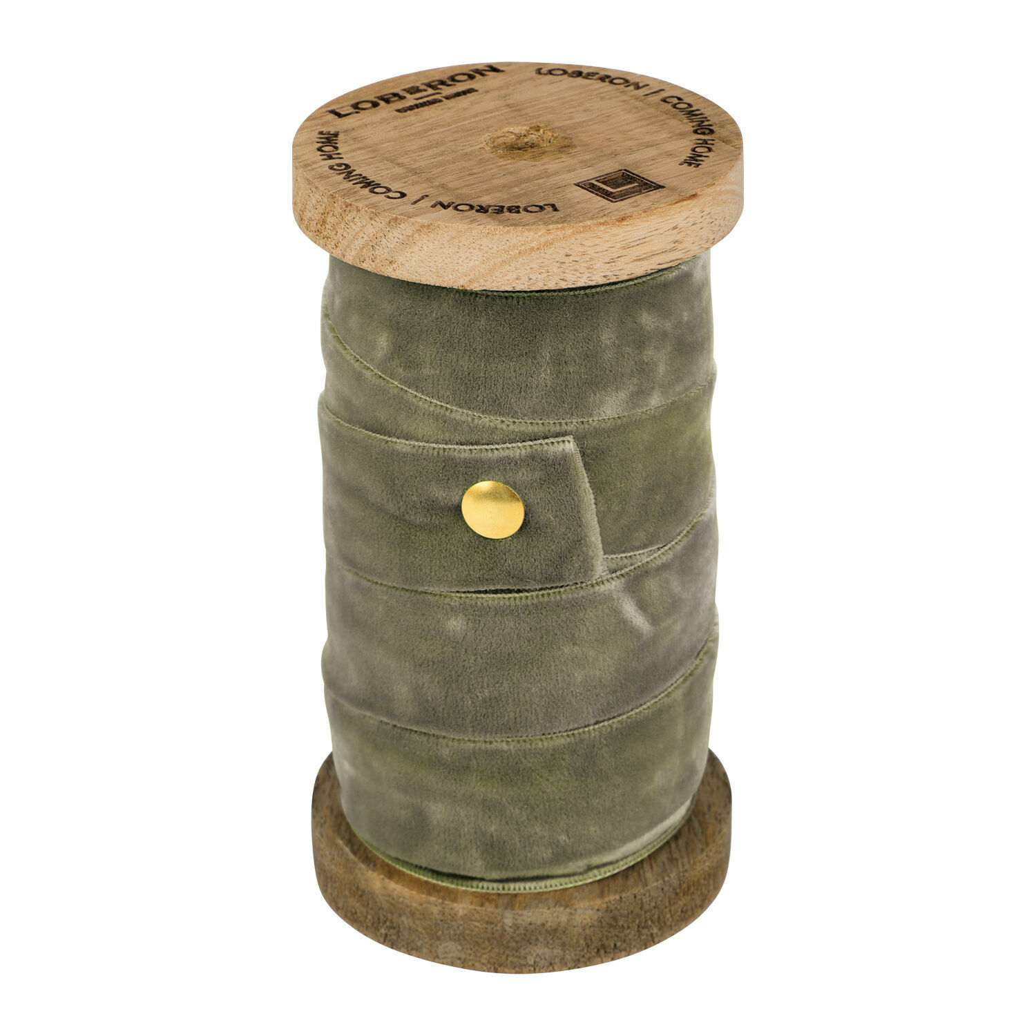 Olivgroene fluwelen lint op houten spoel voor decoratie en knutselen