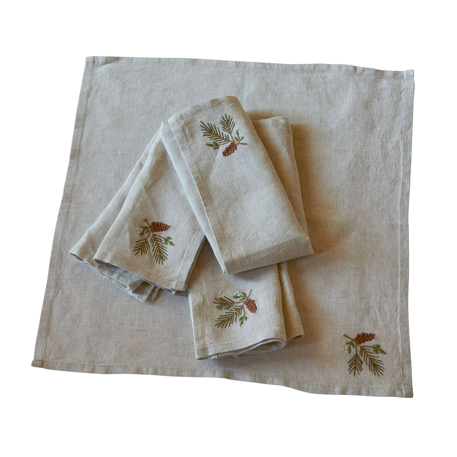 Servet set van 4 Arlida Beige linnen servetten met borduurwerk van dennenappels en takken, natuurlijke tafeldecoratie