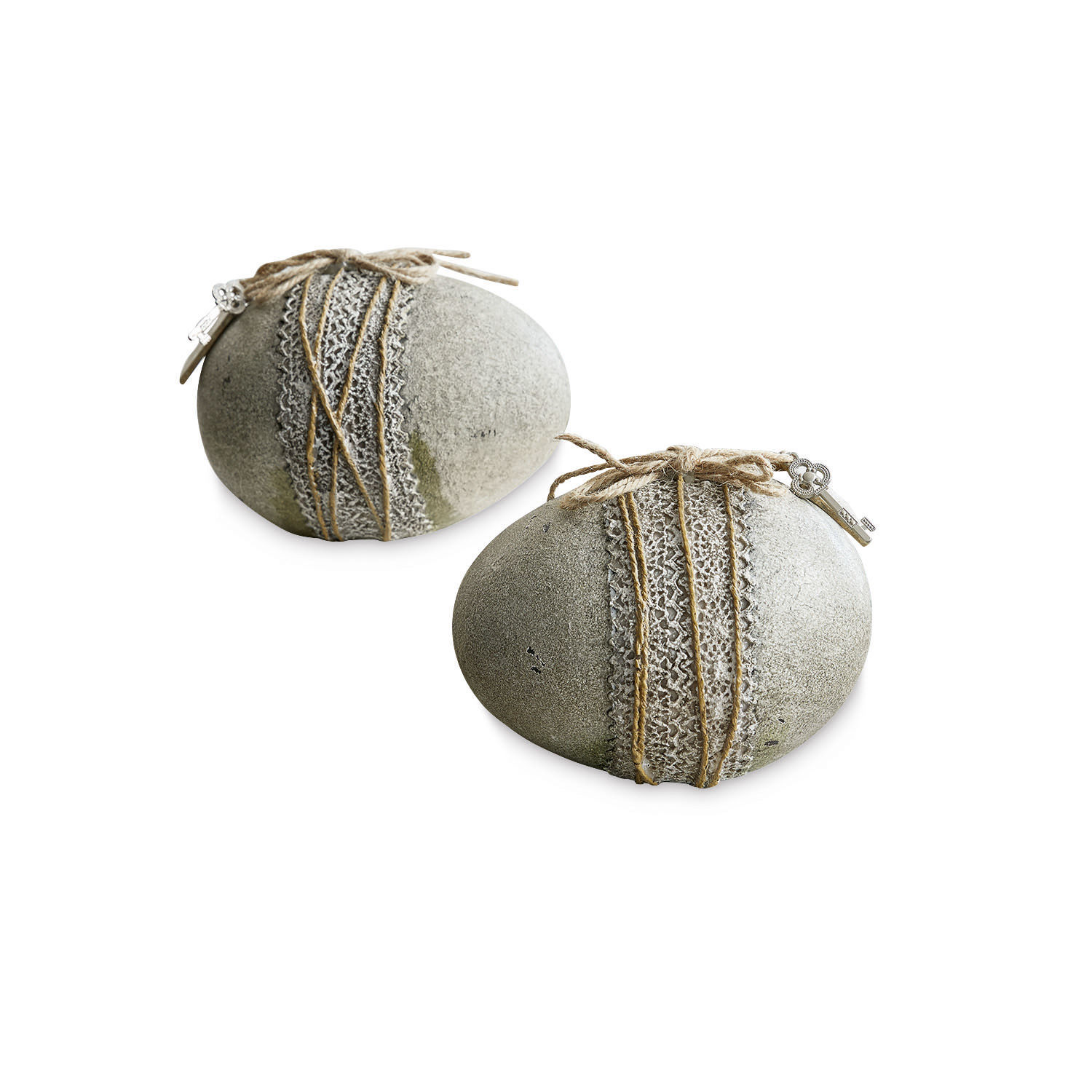 Paasei set van 2 Réjane Decoratieve grijze stenen met kant en touw, natuurlijke rustieke woondecoratie