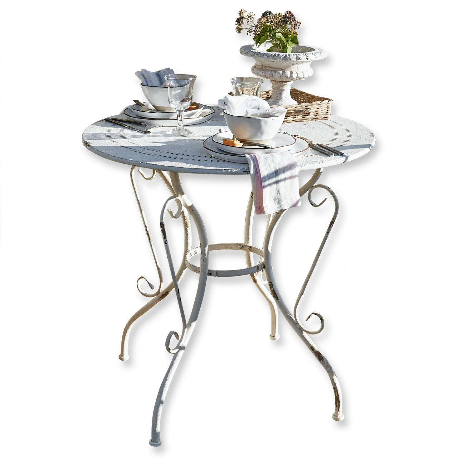 Tafel Aube Ronde witte metalen tafel met decoratieve poten en servies, geschikt voor terras of balkon