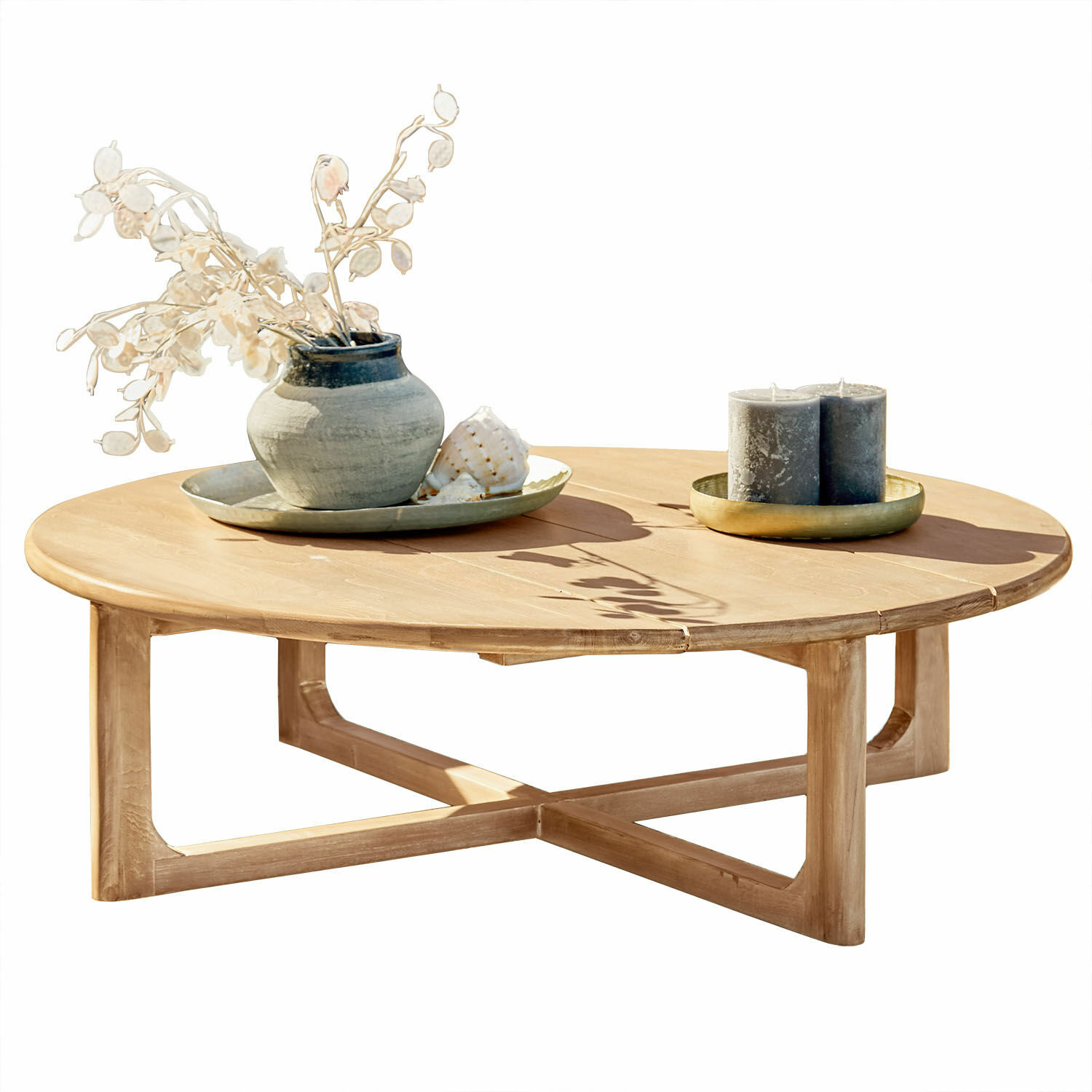 Salontafel Tewksbury Ronde salontafel van natuurlijk teakhout met decoratie op het blad