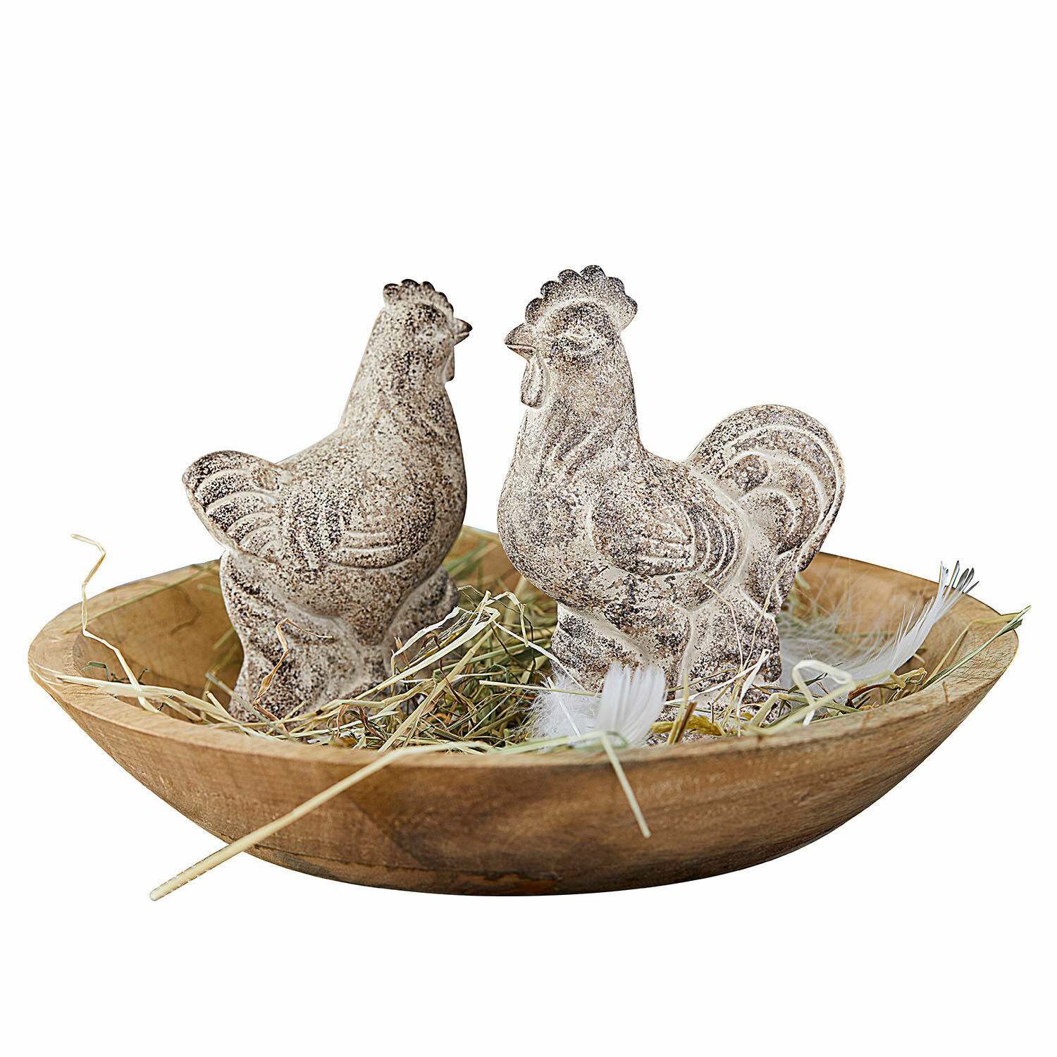Kip set van 2 Gesualdo Decoratieve stenen kip- en haanfiguren in houten schaal met hooi, rustieke decoratie