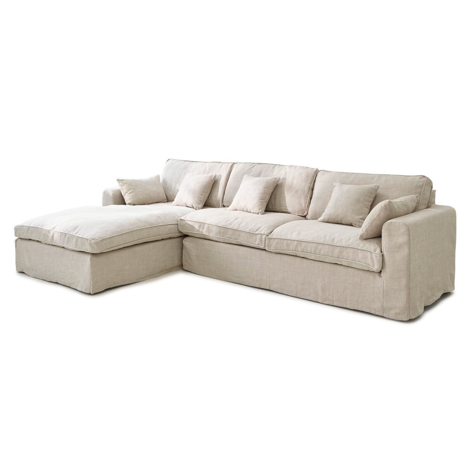 Bank Seaford Beige stoffen hoekbank met zachte kussens, comfortabel voor woonkamer en ontspanning
