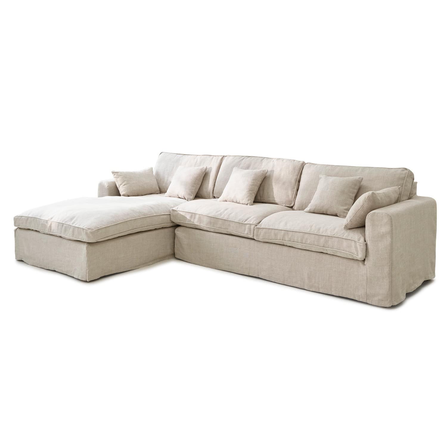 Bank Seaford Beige stoffen hoekbank met zachte kussens, comfortabel voor woonkamer en ontspanning