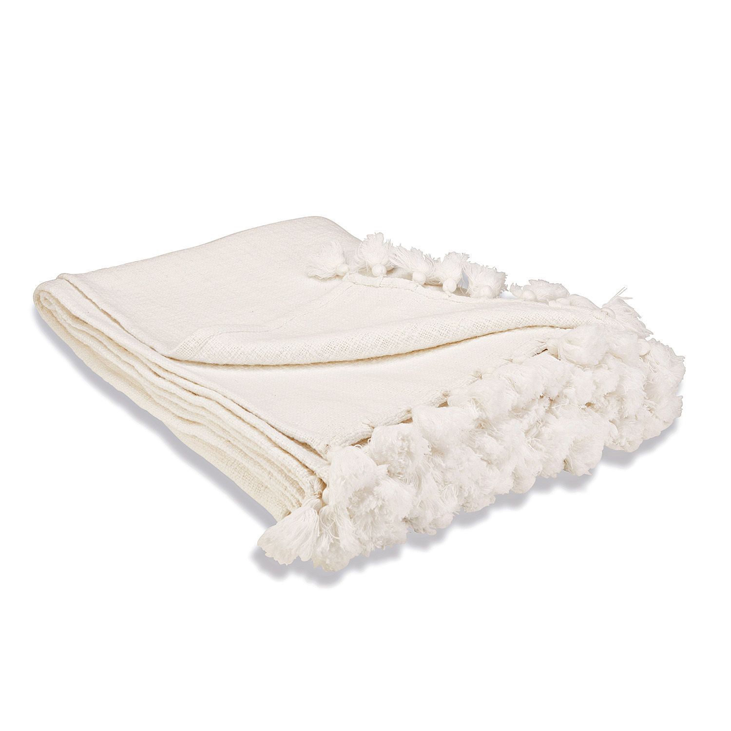 Plaid Amlamé Crèmekleurige katoenen deken met zachte pompons aan de randen, decoratief en comfortabel