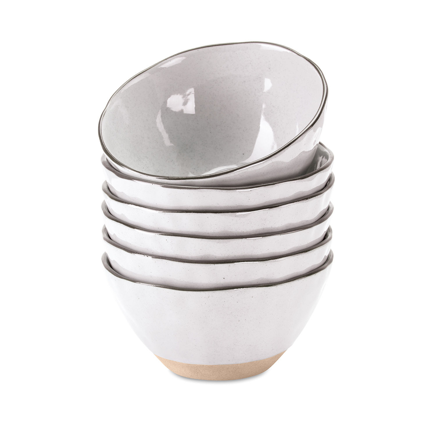 Set van 6 witte keramische Biarritz kommen met natuurlijke bodem, perfect voor koken en serveren.