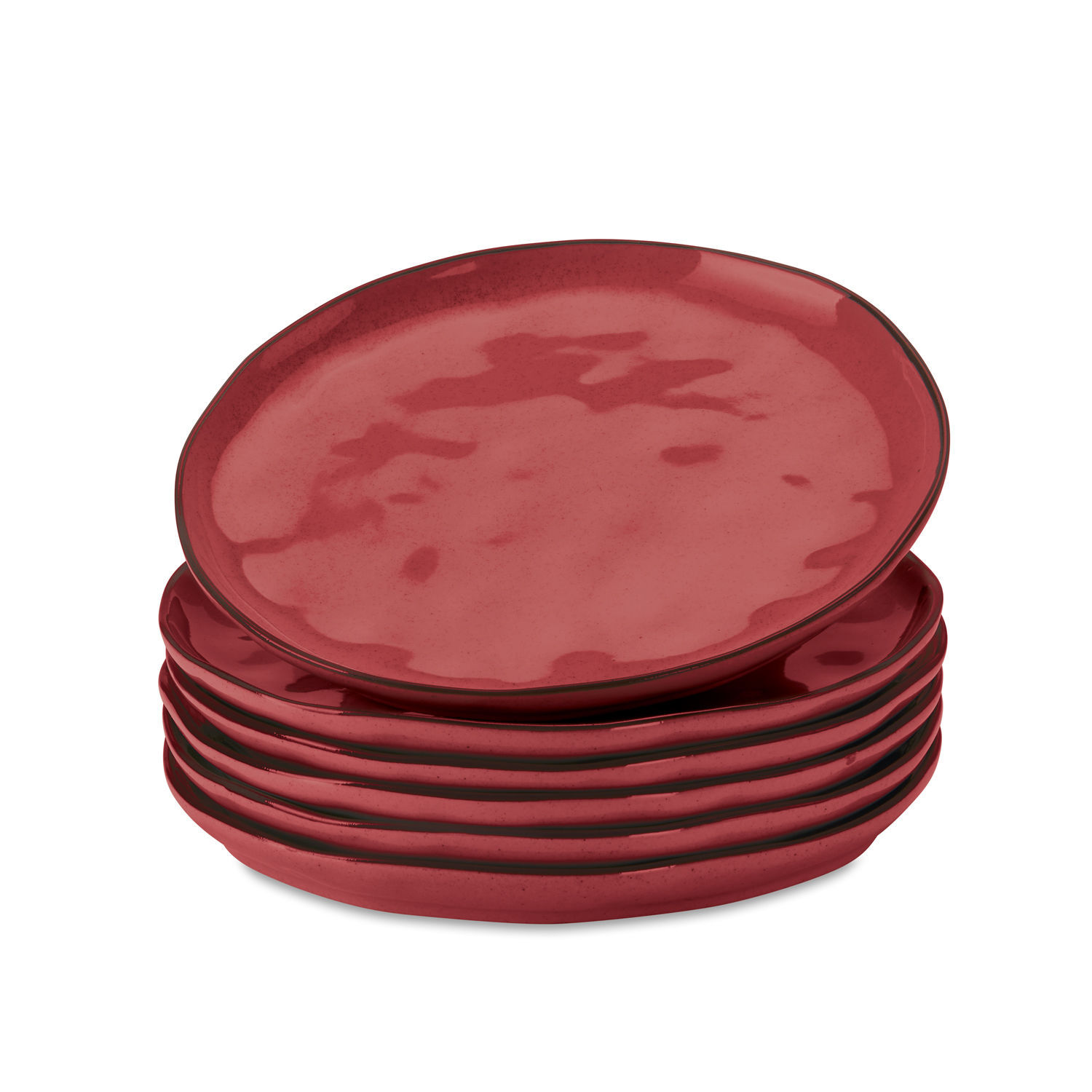 Set van 6 rode keramische Biarritz borden, perfect voor stijlvol serveren aan tafel