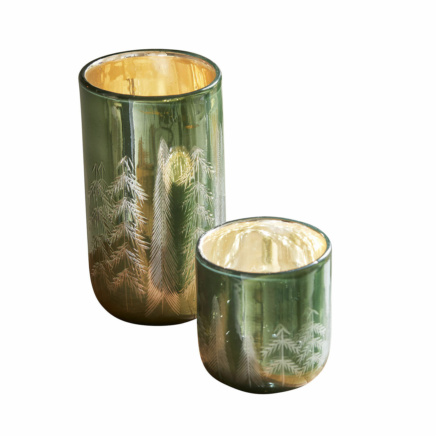 Windlicht set van 2 Harifaz Set van twee groene glazen theelichthouders met boommotief en gouden binnenkant voor woondecoratie