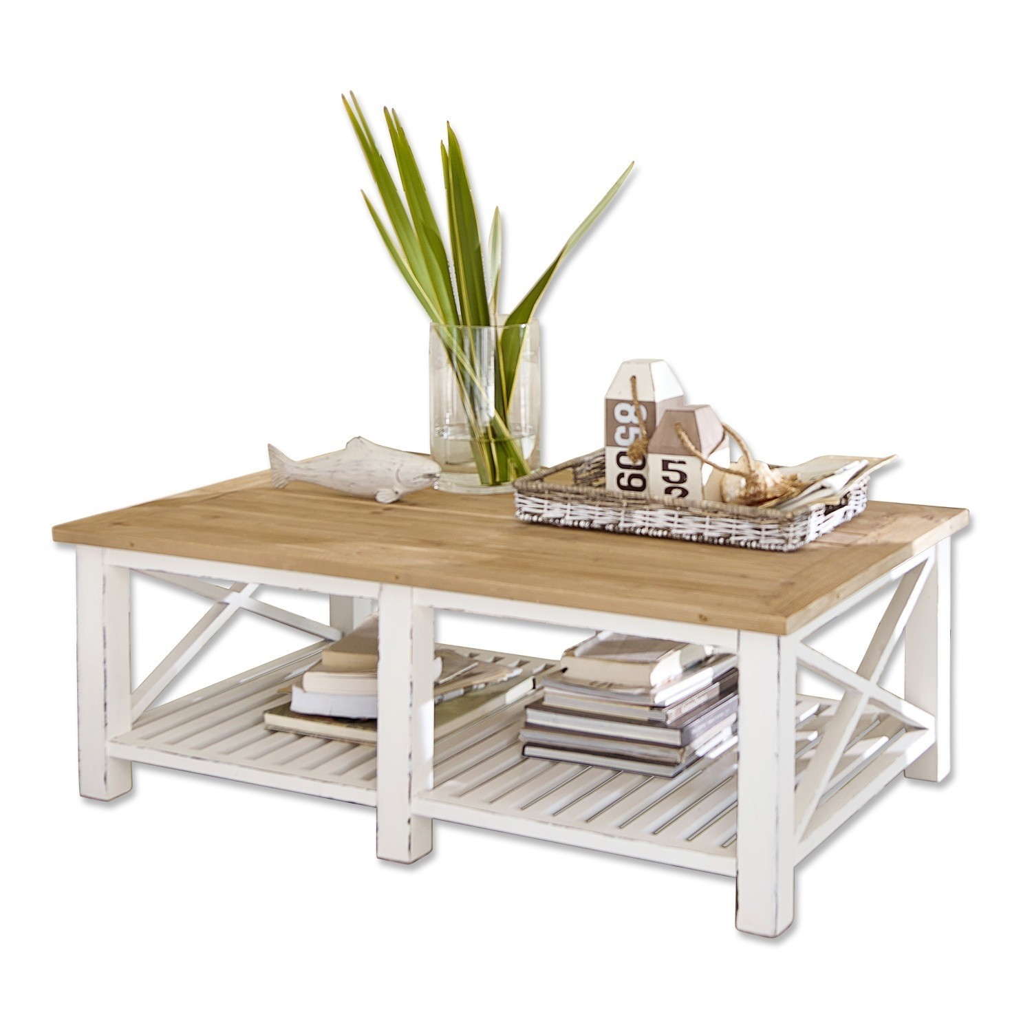 Salontafel Medfield Houten salontafel met wit frame en plank, gedecoreerd met plant en mandje