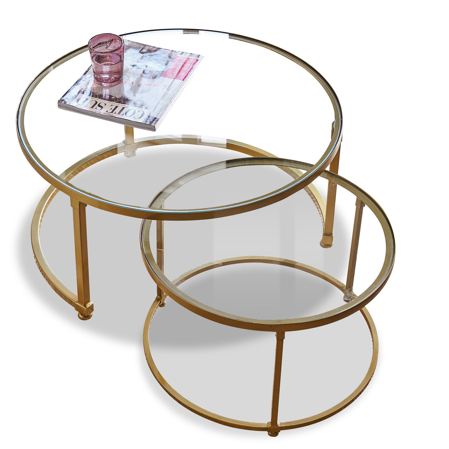 Salontafel set van 2 Caraman Set van twee ronde salontafels met glazen blad en gouden metalen frame voor woonkamer