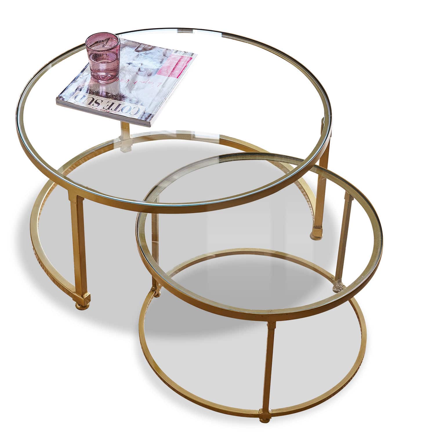 Salontafel set van 2 Caraman Set van twee ronde salontafels met glazen blad en gouden metalen frame voor woonkamer
