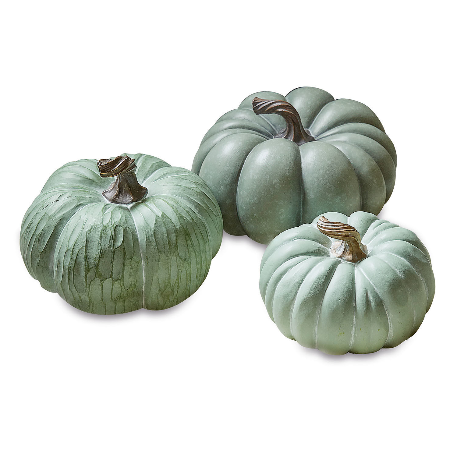 Pompoen set van 3 Villazon Set van drie groene decoratieve pompoenen van kunststof voor herfstige interieurdecoratie