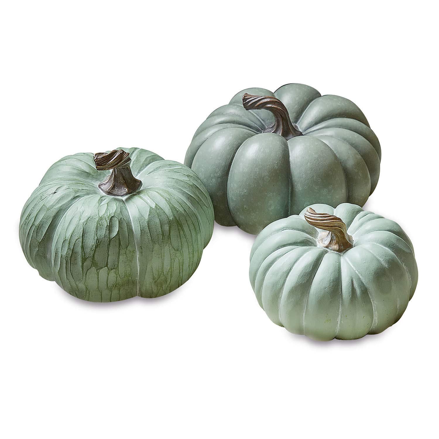 Pompoen set van 3 Villazon Set van drie groene decoratieve pompoenen van kunststof voor herfstige interieurdecoratie