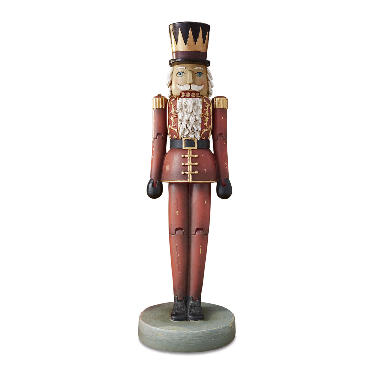 Siernotenkraker Serifa Houten notenkrakerfiguur in rood uniform met zwart-gouden hoed op groene standaard, kerstdecoratie