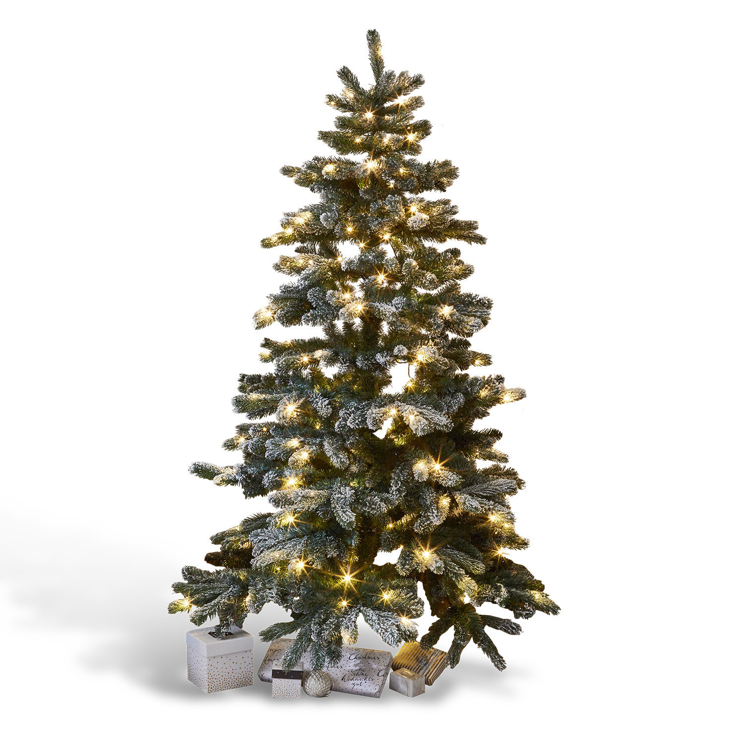 Kerstboom Mannier Kunstkerstboom met besneeuwde takken en warme LED-verlichting, cadeaus eronder