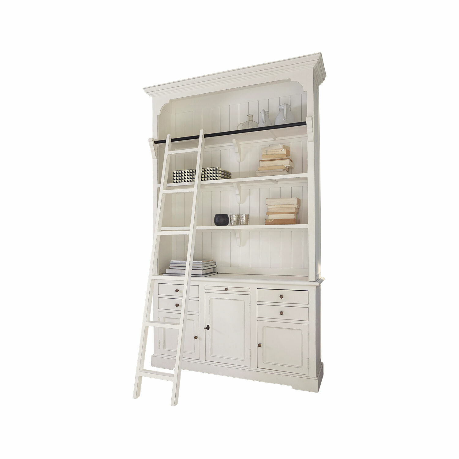Kast Monts Witte houten boekenkast met ladder en planken voor boeken en woondecoratie