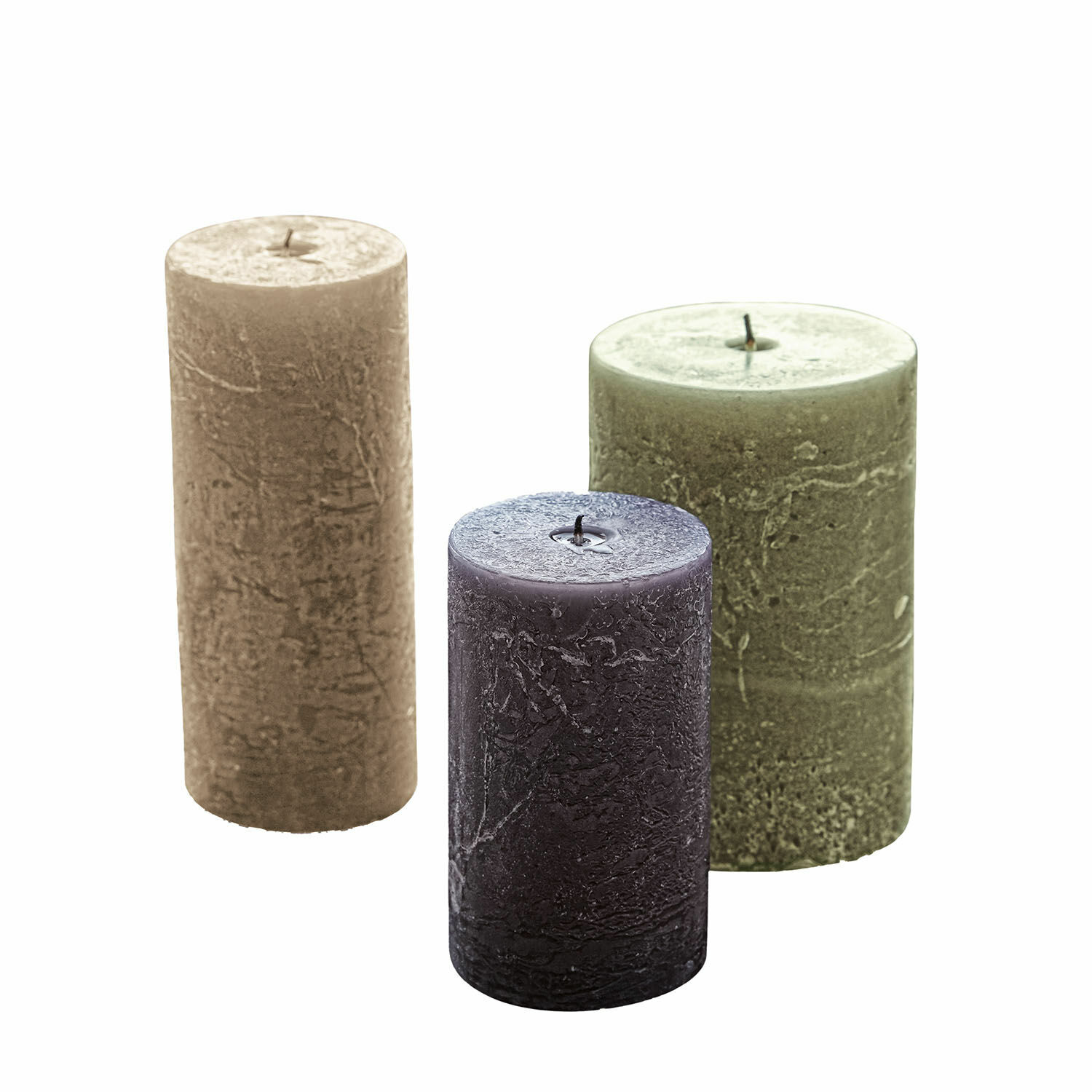 Kaars set van 3 Pretin Set van drie rustieke cilindervormige kaarsen in beige, groen en paars voor interieurdecoratie
