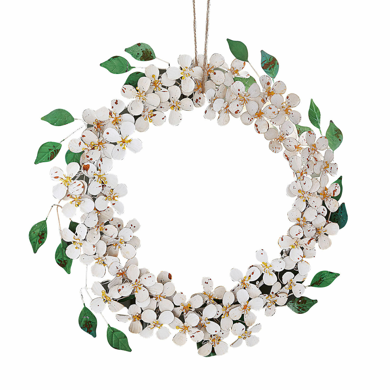 Krans Loanne Decoratieve metalen krans met witte bloemen en groene bladeren om op te hangen
