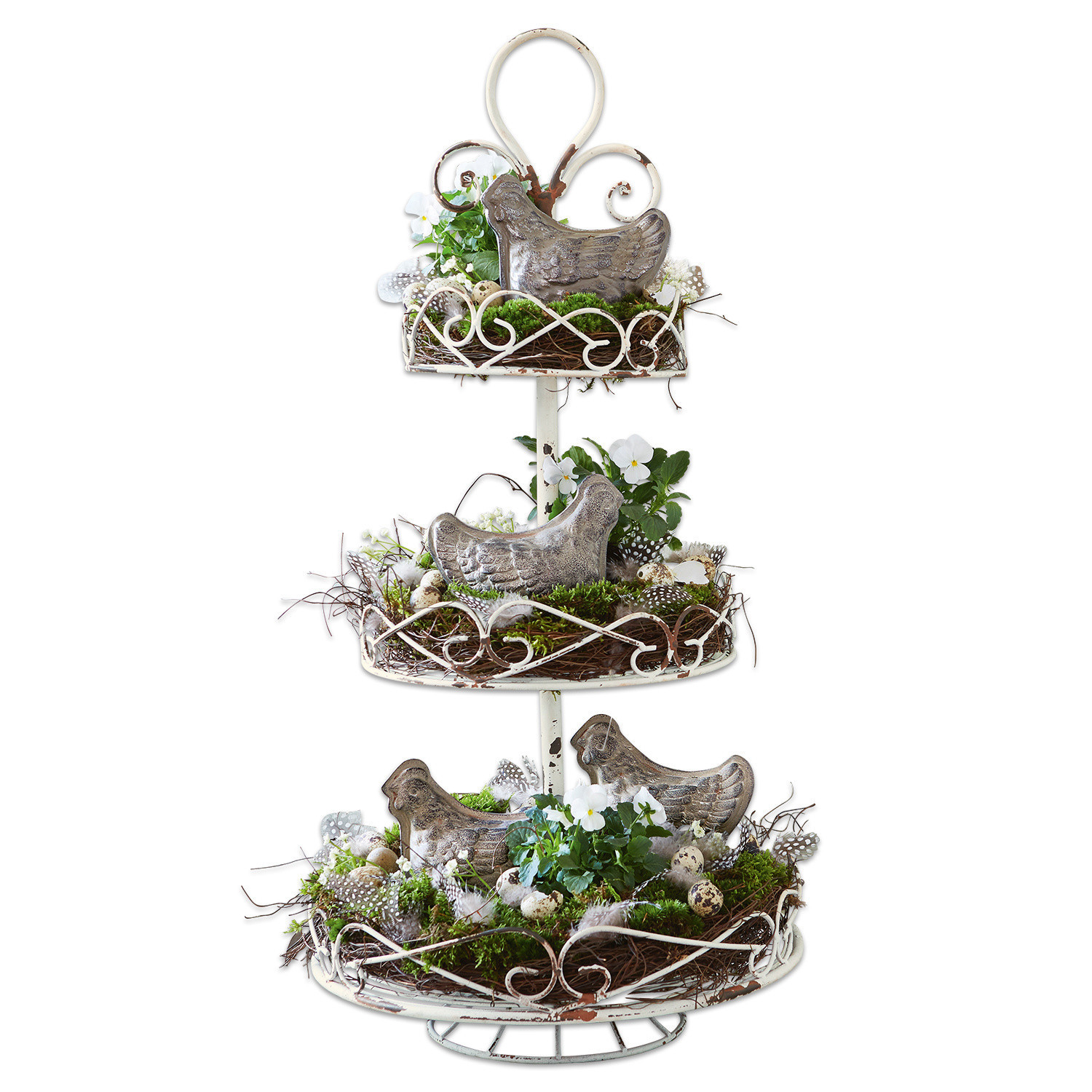 Etagère Julye Drieledig metalen etagère in wit met kippen en groene decoraties, rustieke tafeldecoratie