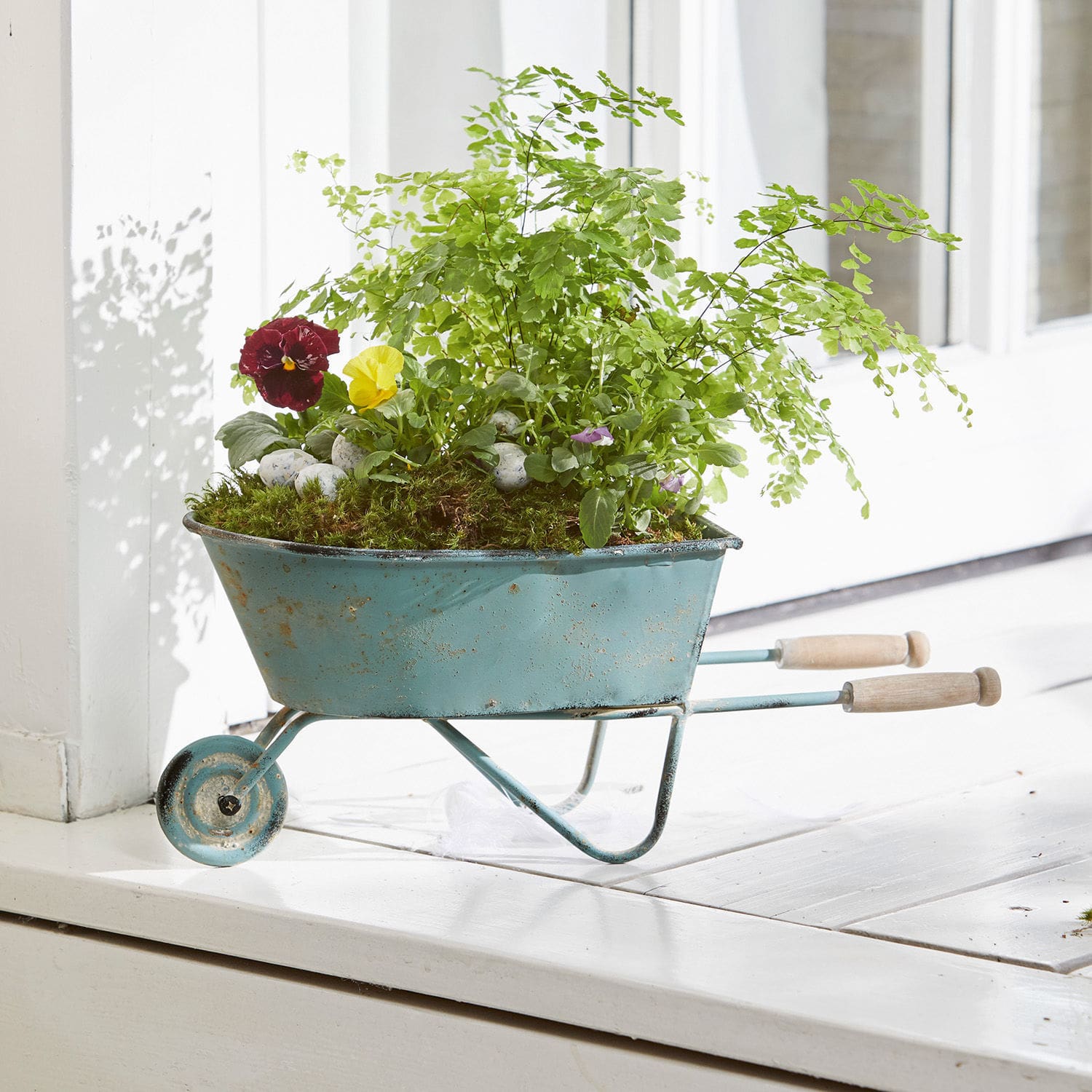 Blauwe metalen kruiwagen met houten handvatten gevuld met groene planten en bloemen op vensterbank