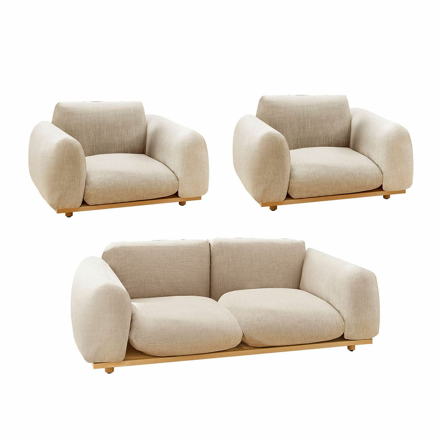 Zitgroep Savinard Set beige stoffen bank en fauteuils met houten onderstel, modern en comfortabel meubilair