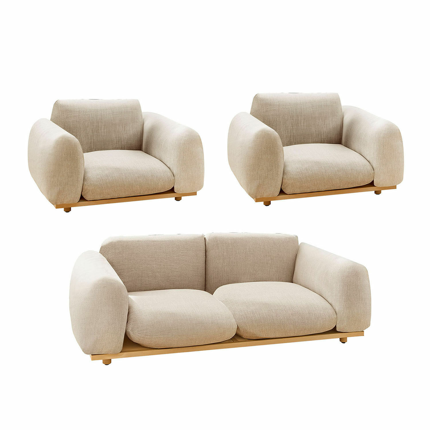 Zitgroep Savinard Set beige stoffen bank en fauteuils met houten onderstel, modern en comfortabel meubilair