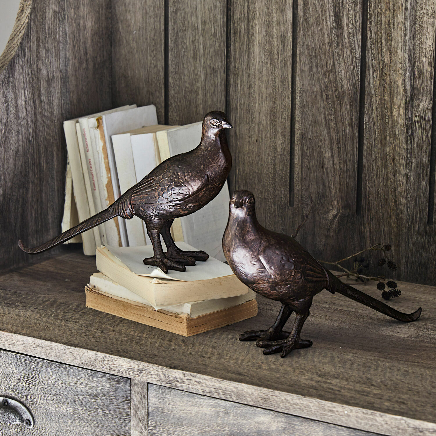Siervogel set van 2 Roddy Decoratieve metalen vogelbeelden in bruine kleur op houten plank met boeken