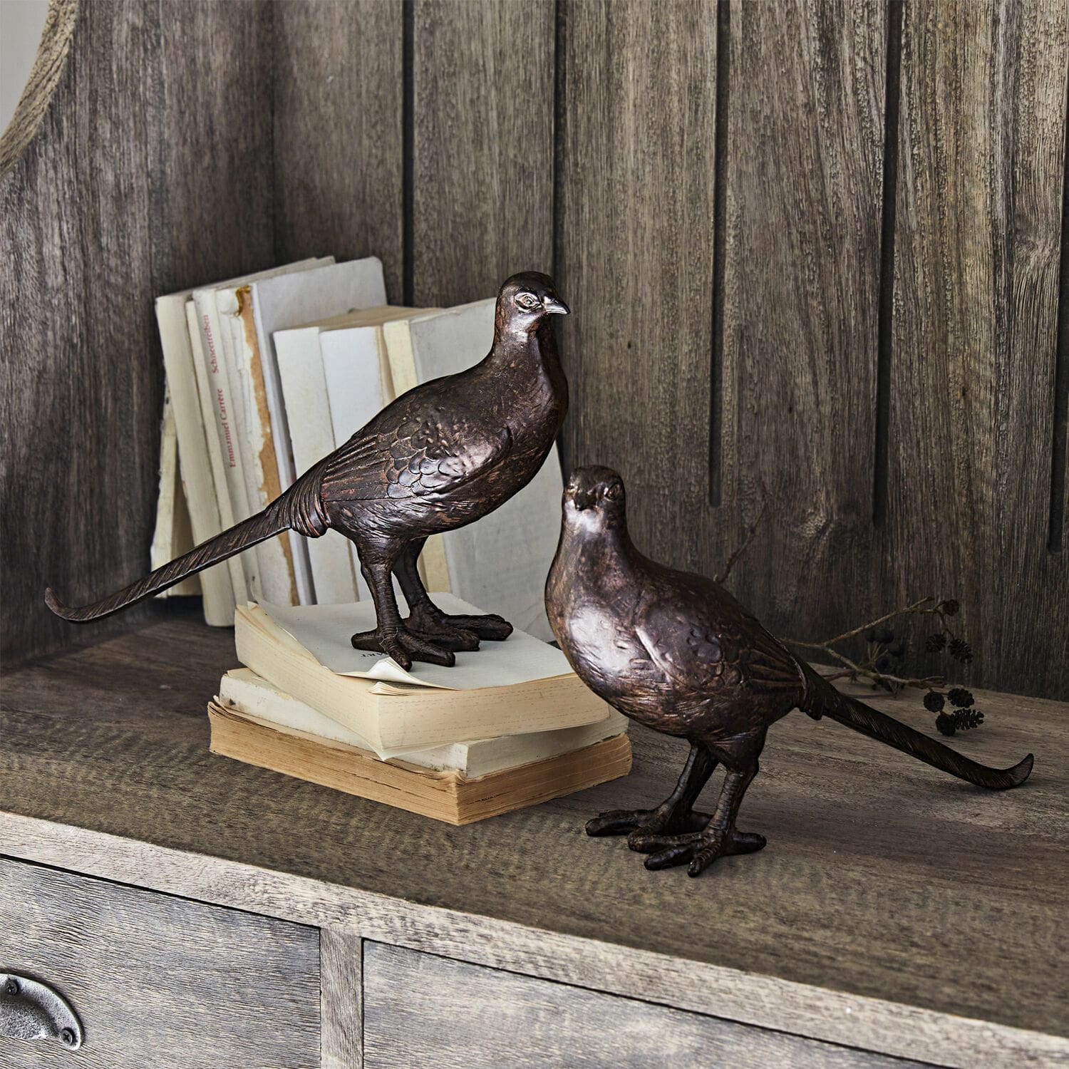 Siervogel set van 2 Roddy Decoratieve metalen vogelbeelden in bruine kleur op houten plank met boeken